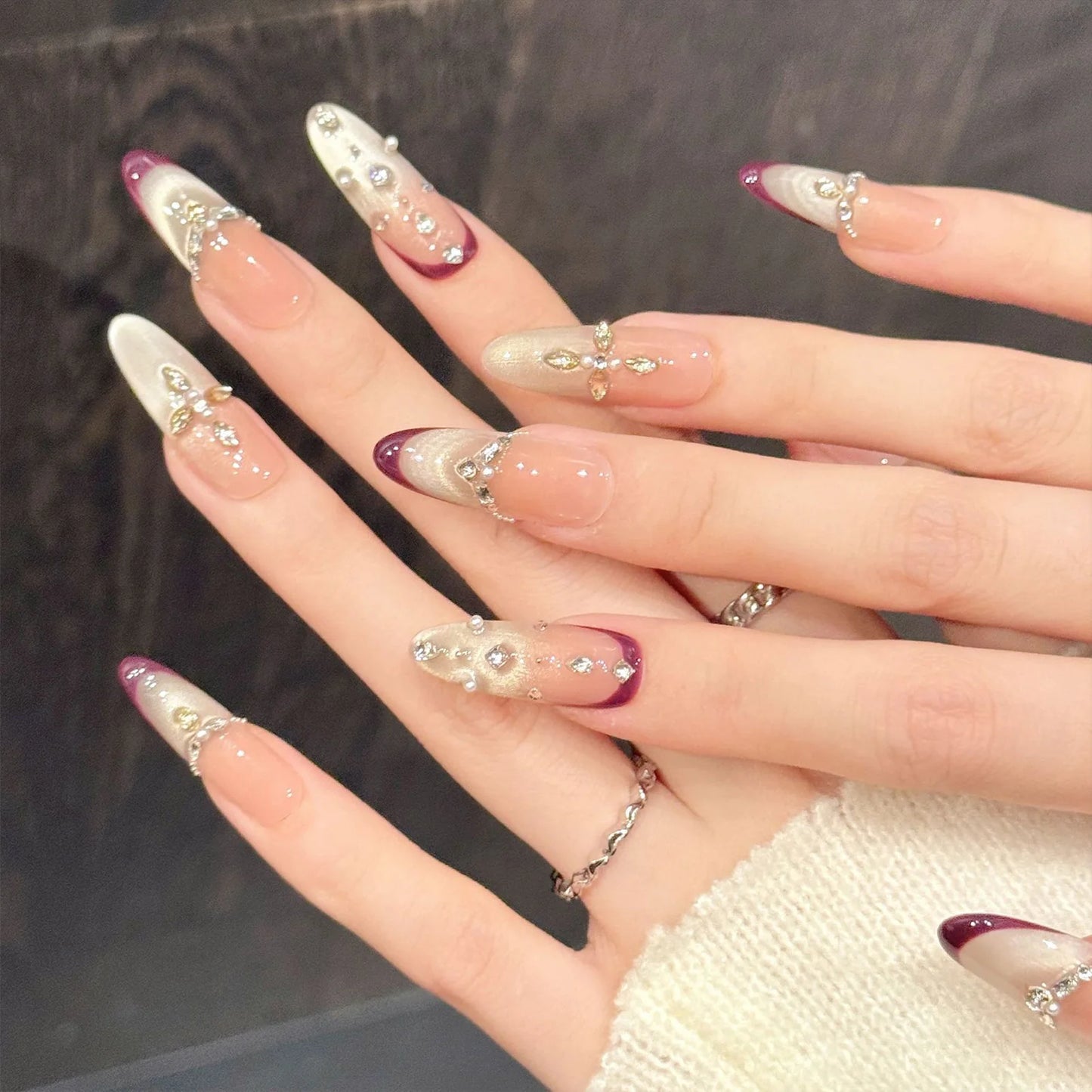 10pcs Glitter Cat's Eye Press On Nails | French Almond Tips