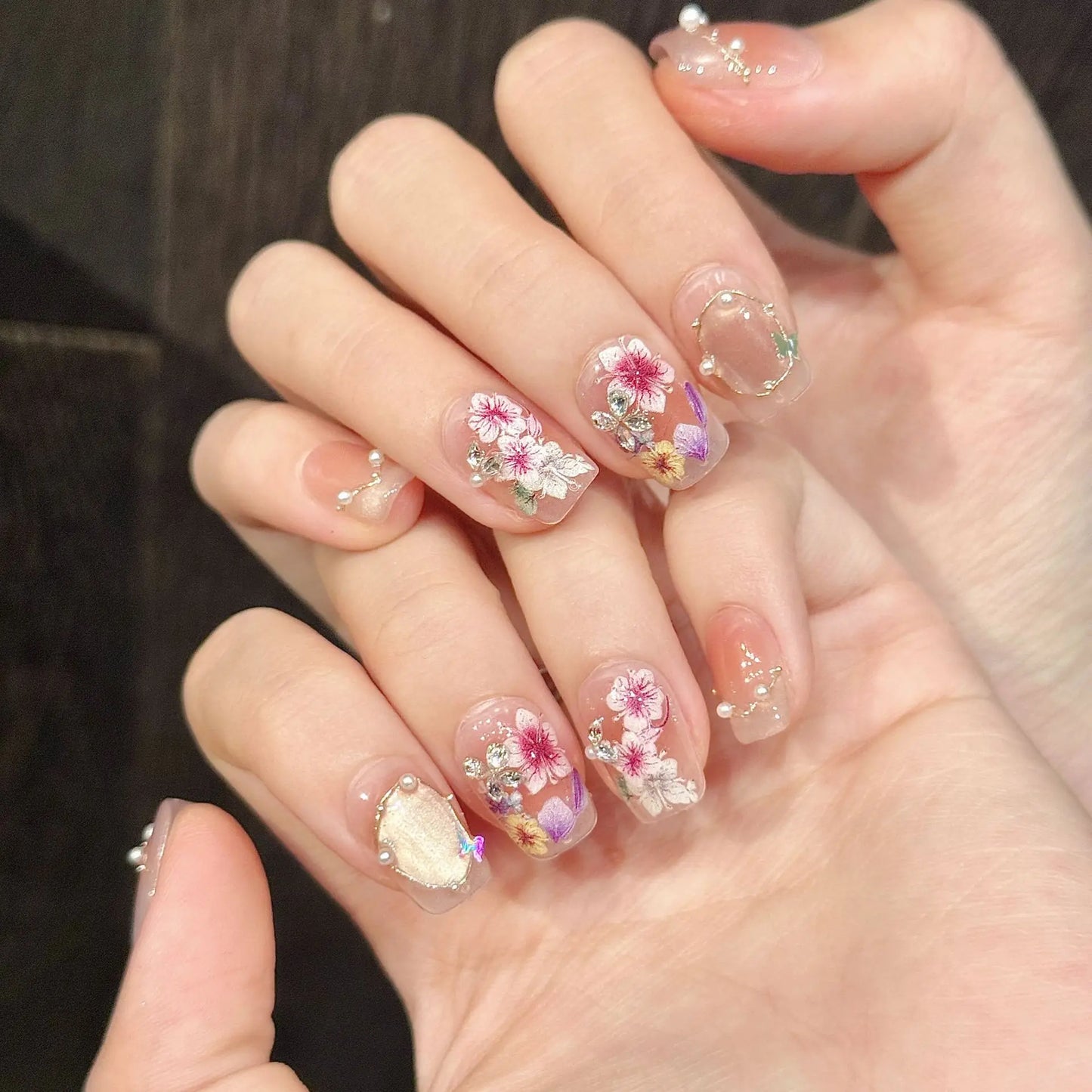 Handmade Cat Eye Press On Nails | Floral Korean Pink 10pcs