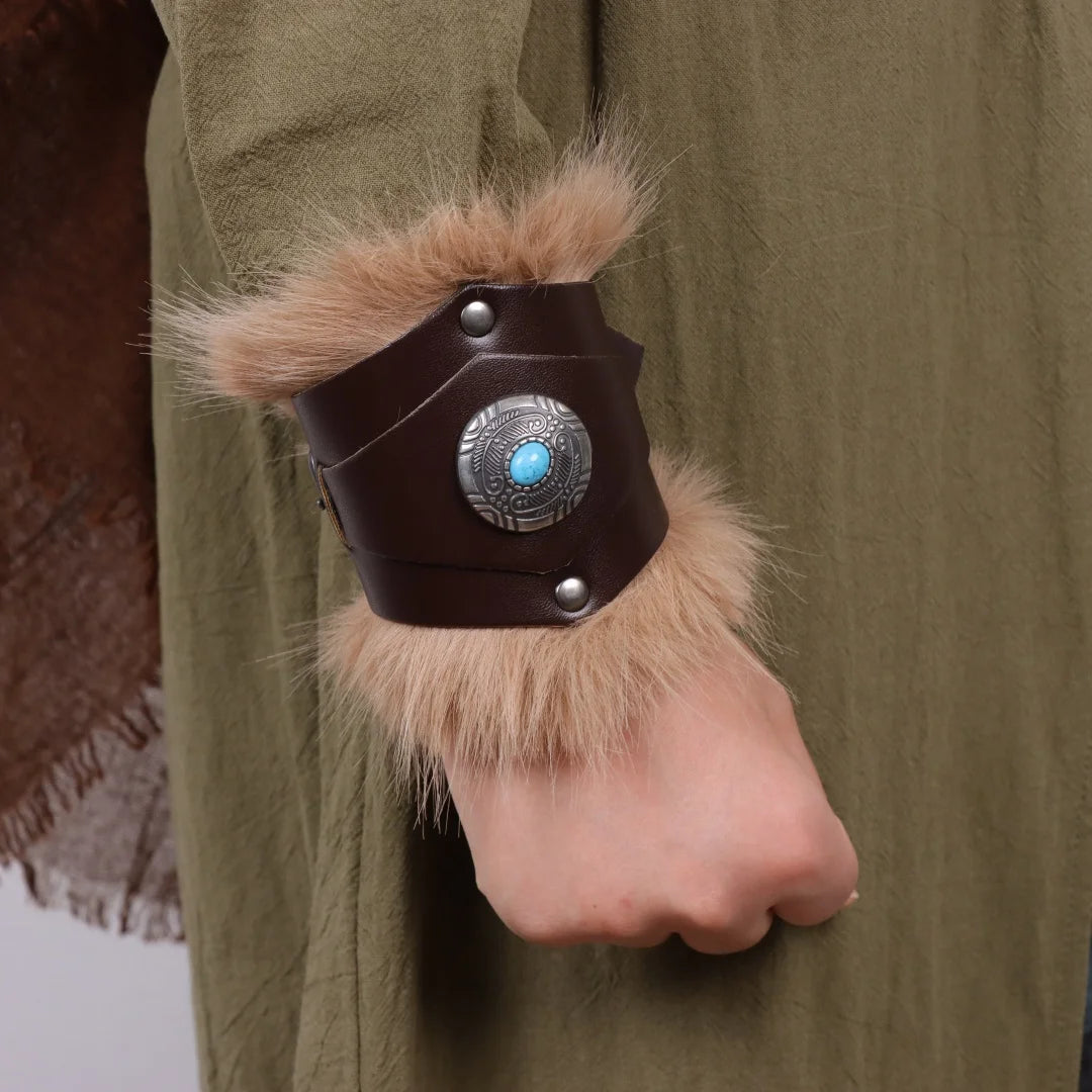 Medieval Knight Bracers Faux Leather Wristwear Furry Trim Retro