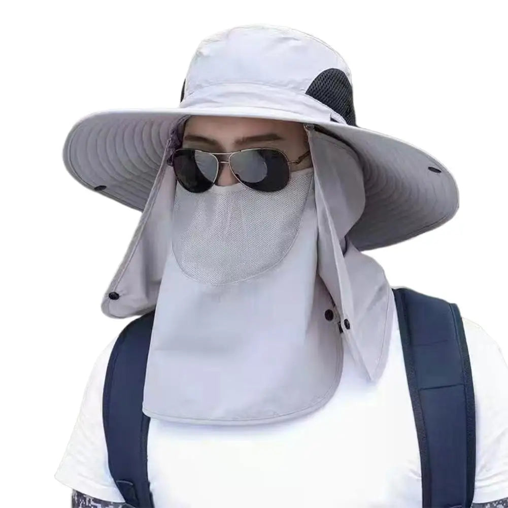 Men Fishing Cooling Sun Hat Mask Summer Big Brim Anti-ultraviolet Travel Mountaineering Outdoor Sunshade Sunscreen Fisherman Hat Peaceful Pleasures Health and Wellness Gray