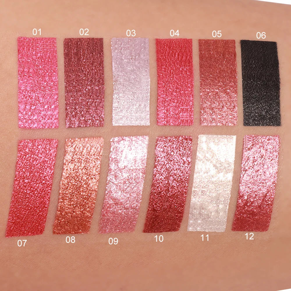12-Color Metallic Glitter Lip Gloss | Diamond Pearlescent Lip Glaze