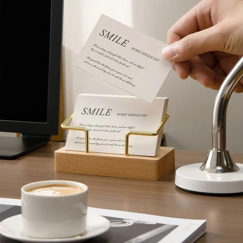 Tabletop Shelf Business Card Holder Walnut Wood Beech Wood Cards Display Stand Card Storage Metal Wooden Card Holder Manager Peaceful Pleasures Health and Wellness