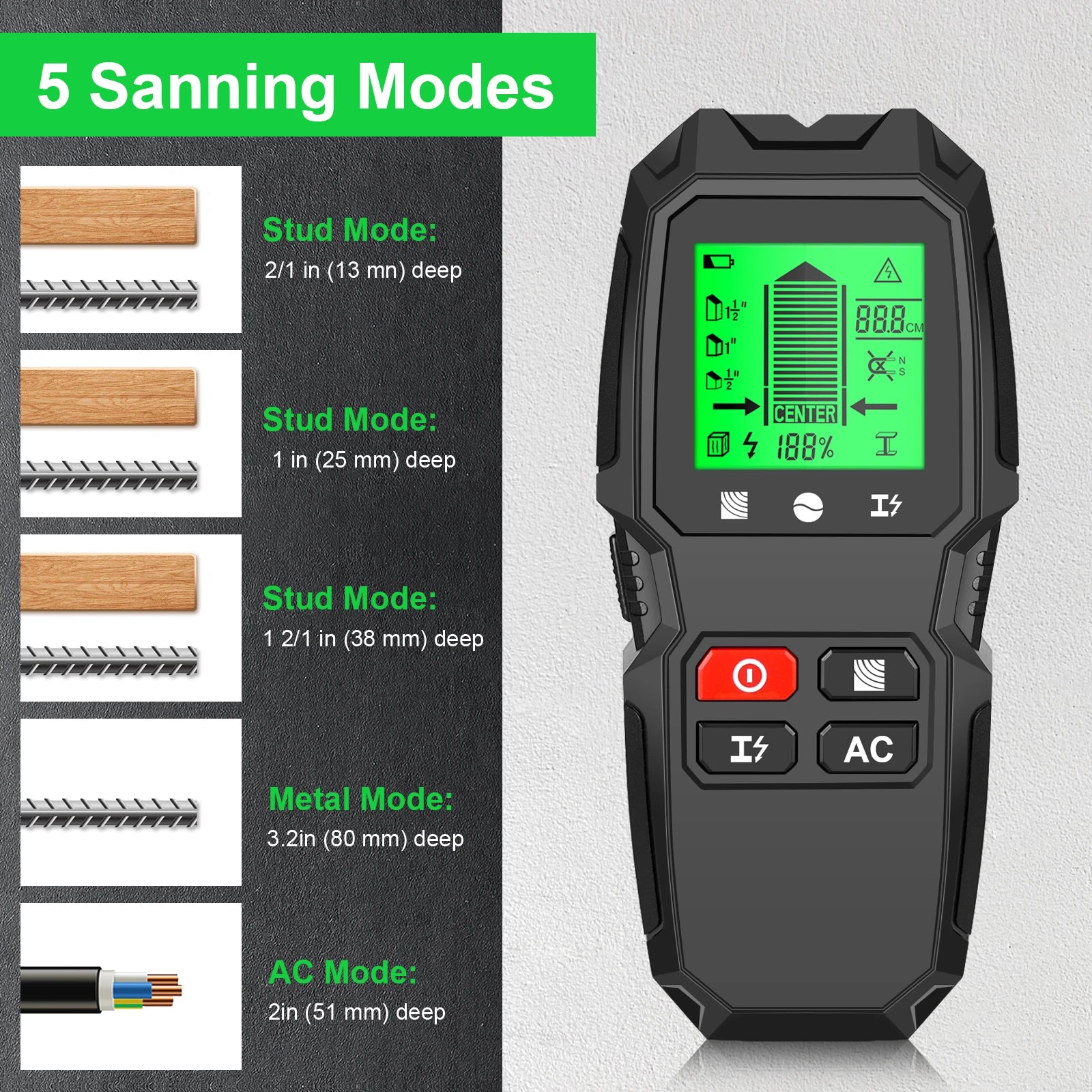 HW-QB6 Wall Stud Finder Sensor Wall Scanner 5 in 1 LCD Electronic Detector Edge Center Wood Current Metal AC Live Wire Detection Peaceful Pleasures Health and Wellness