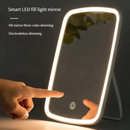 LED Makeup Mirror with Stand Desktop Folding Compact Square Travel Cosmetic Portable Lighted Vanity Mirror Touch Screen Tabletop Peaceful Pleasures Health and Wellness