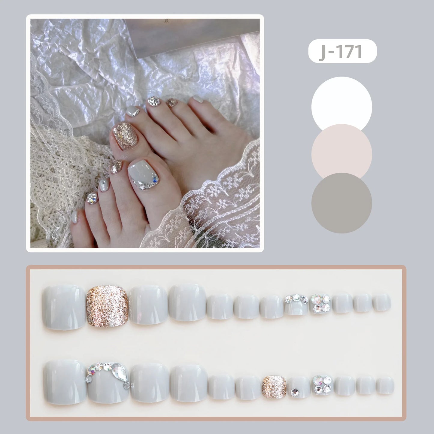 24-Pc Rhinestone Press-On Toenails | French Fake Toe Nails
