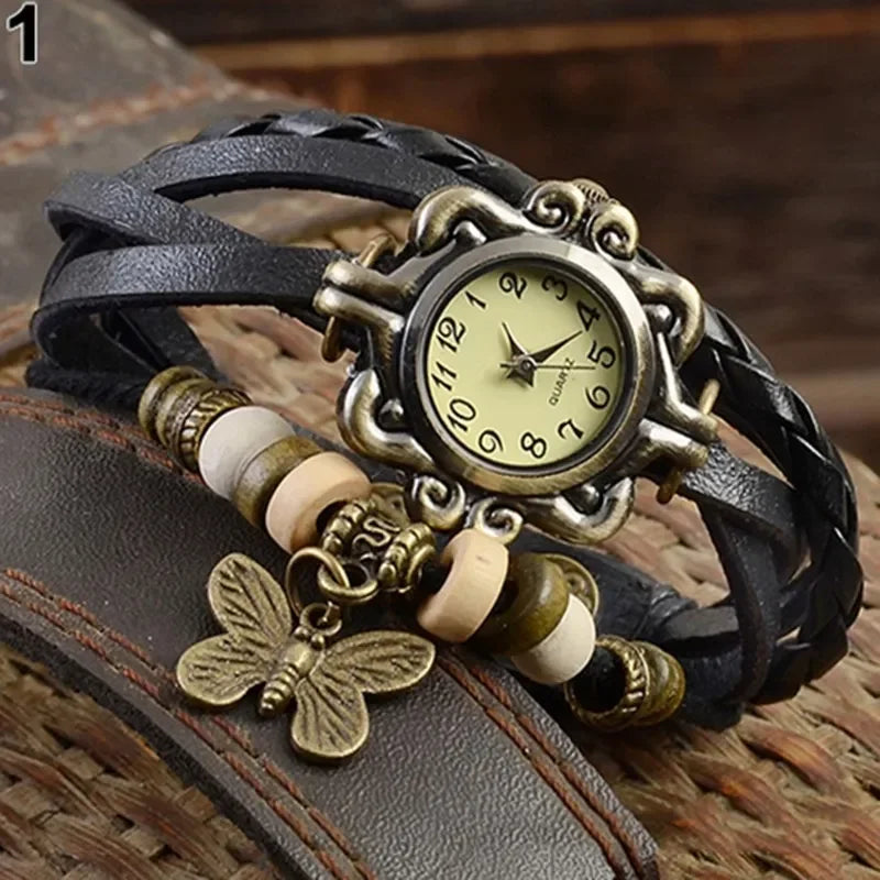Retro Leather Hand Woven Lady Watch Antique Copper Thin Strap