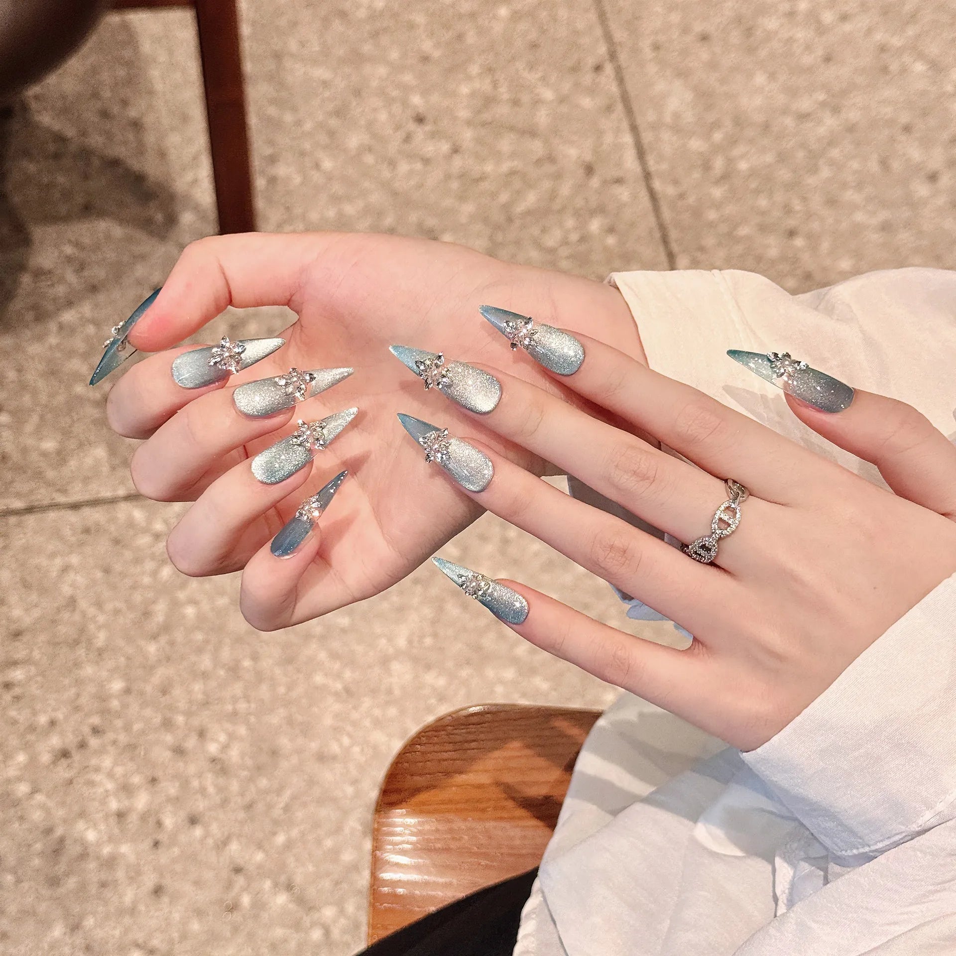 Handmade Press on Nails Blue Ocean White Swan Lake Shiny Fake Nail Tips Wearable Detachable Glitter Cat Eye Fairy False Nails Peaceful Pleasures Health and Wellness