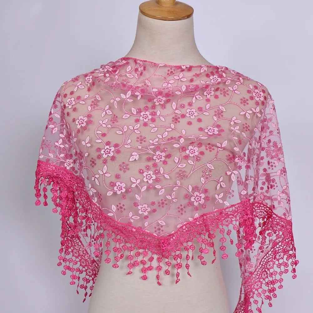 Women's Triangle Lace Veil Headscarf – Floral Sequined Scarf