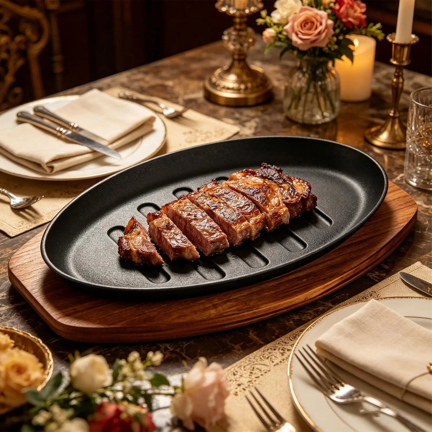 Cast Iron Oval Sizzle Plate with Wooden Base – 10" Steak Pan