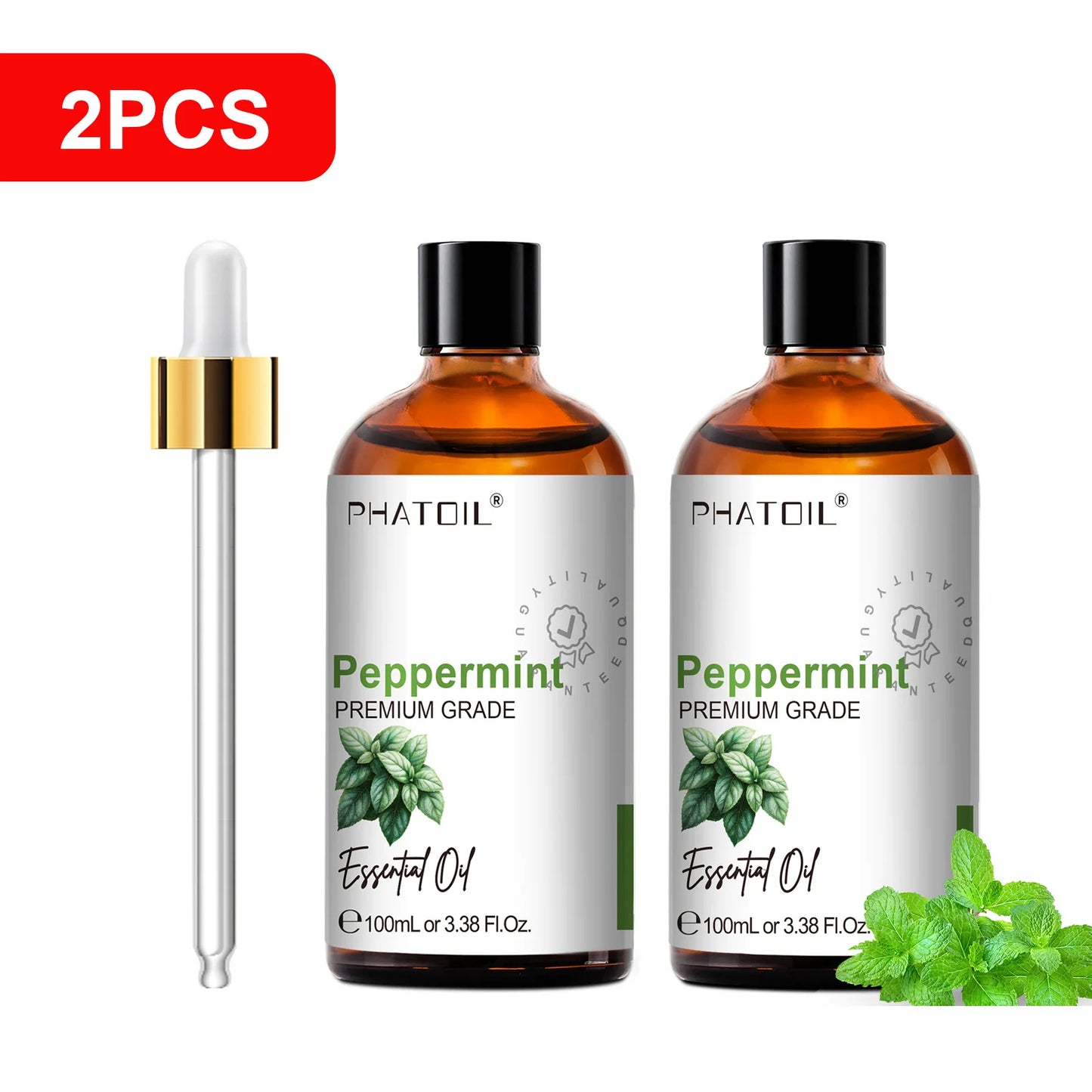 PHATOIL 100ml(3.38 fl.Oz) Eucalyptus Peppermint Tea tree Vanilla Bergamot Aromatherapy Essential Oil For Diffuser,Candle Making Peaceful Pleasures Health and Wellness 2pcs Peppermint 100ml