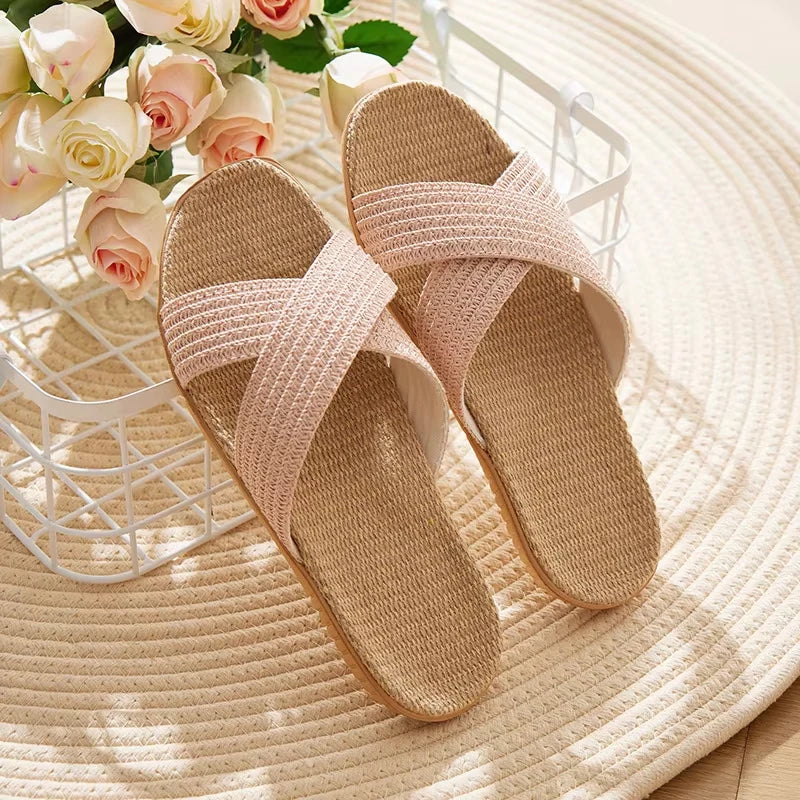 Women's Linen Cross Strap Flat Sandals | Lightweight EVA Slippers