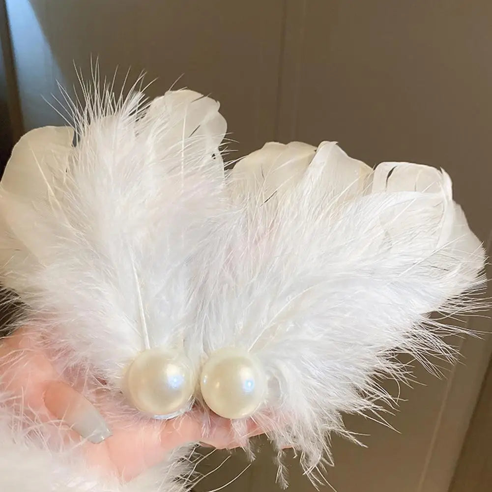 2pcs White Swan Feather Hairpin Headwear Ballet Style Stage Performance Side Clip Girl Party Faux Pearl Accessories Hair Clips Peaceful Pleasures Health and Wellness