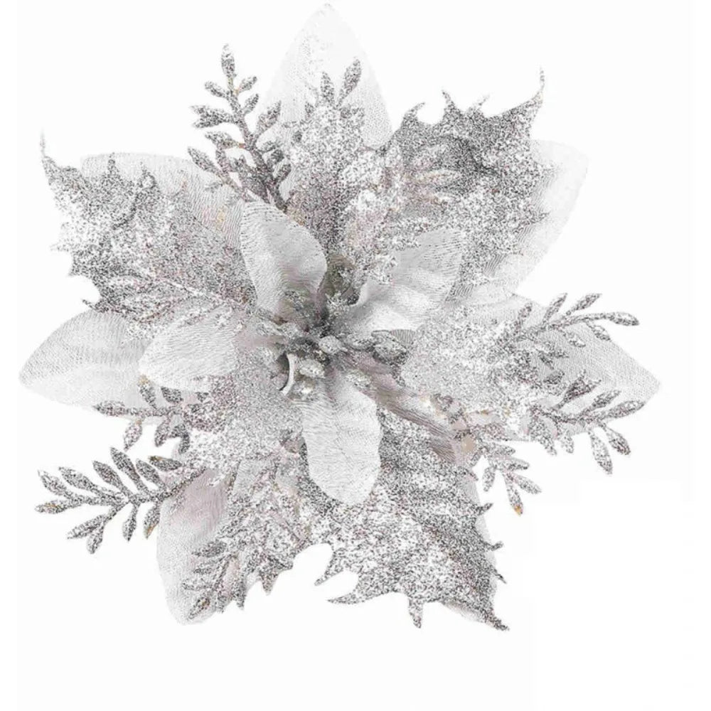 10-Pack Glitter Christmas Flower Ornaments 14cm | Pink Gold Red