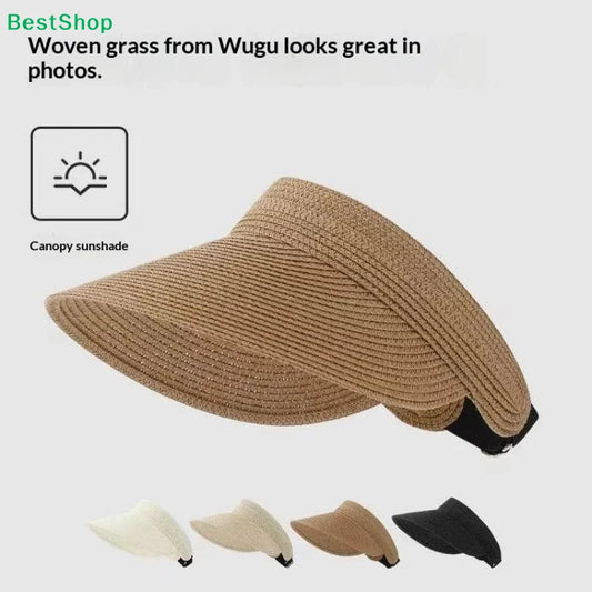UPF 50+ Wide Brim Straw Visor Hat – Foldable Ponytail Beach Hat Straw Sun Visor Hat Oasis Select