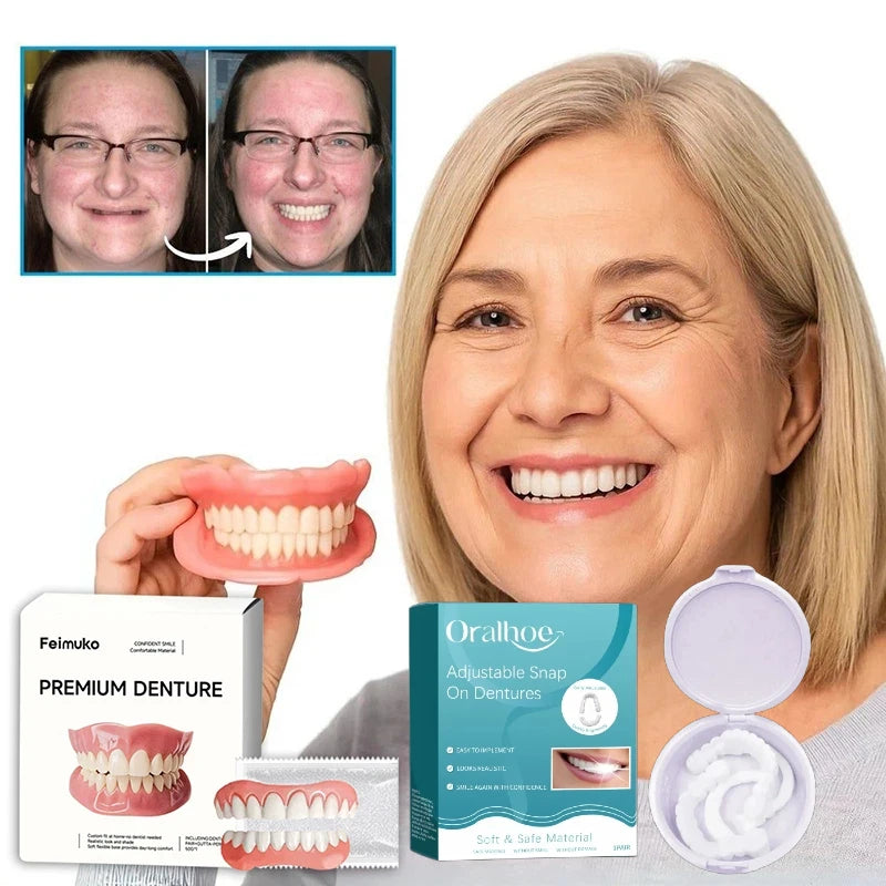 Adult Adjustable Dentures Teeth Set Adjustable Snap-on Fake Teeth Comfort Natural Fit Portable Braces Easy Clean Use Adhesives Peaceful Pleasures Health and Wellness