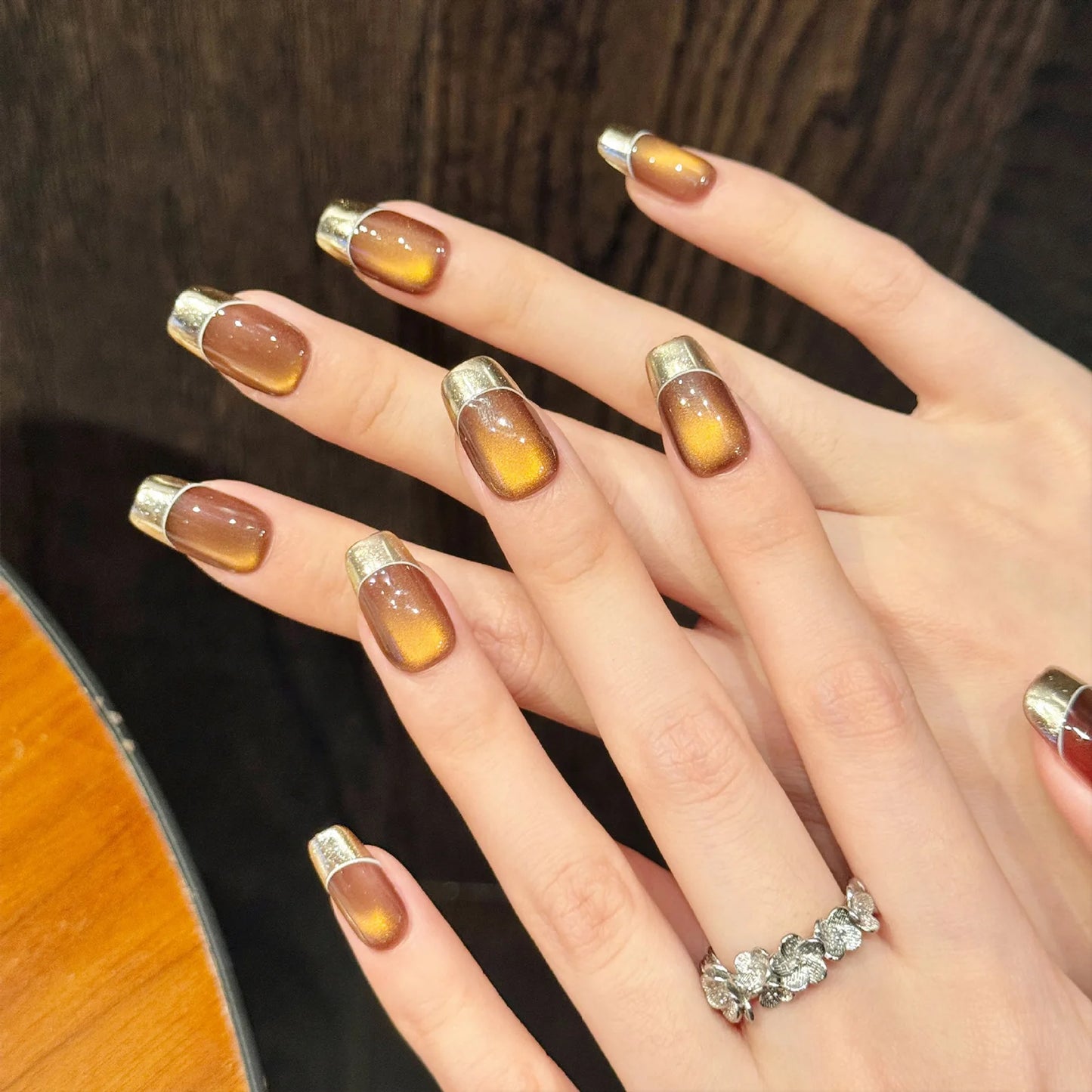 Caramel Brown Press-On Nails | Cat's Eye Green Diamond Y2K