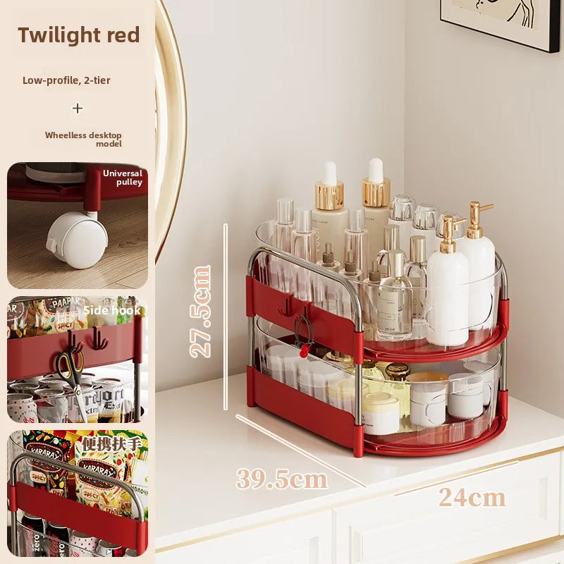 Mobile Cart Storage Rack Floor Standing Multi-Tiered Household Snack Kitchen Utility Organizer with Wheels Multi-Purpose Storage Peaceful Pleasures Health and Wellness 2 Short Red