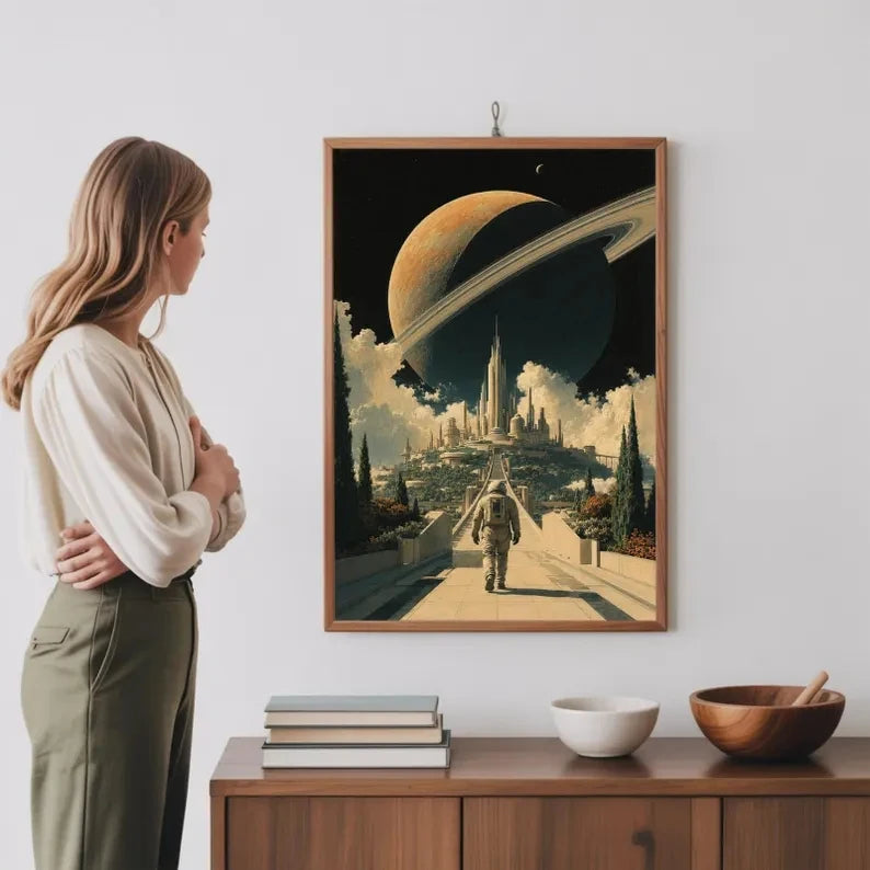 Retro Astronaut Saturn Sci-Fi Space Canvas Wall Art Print