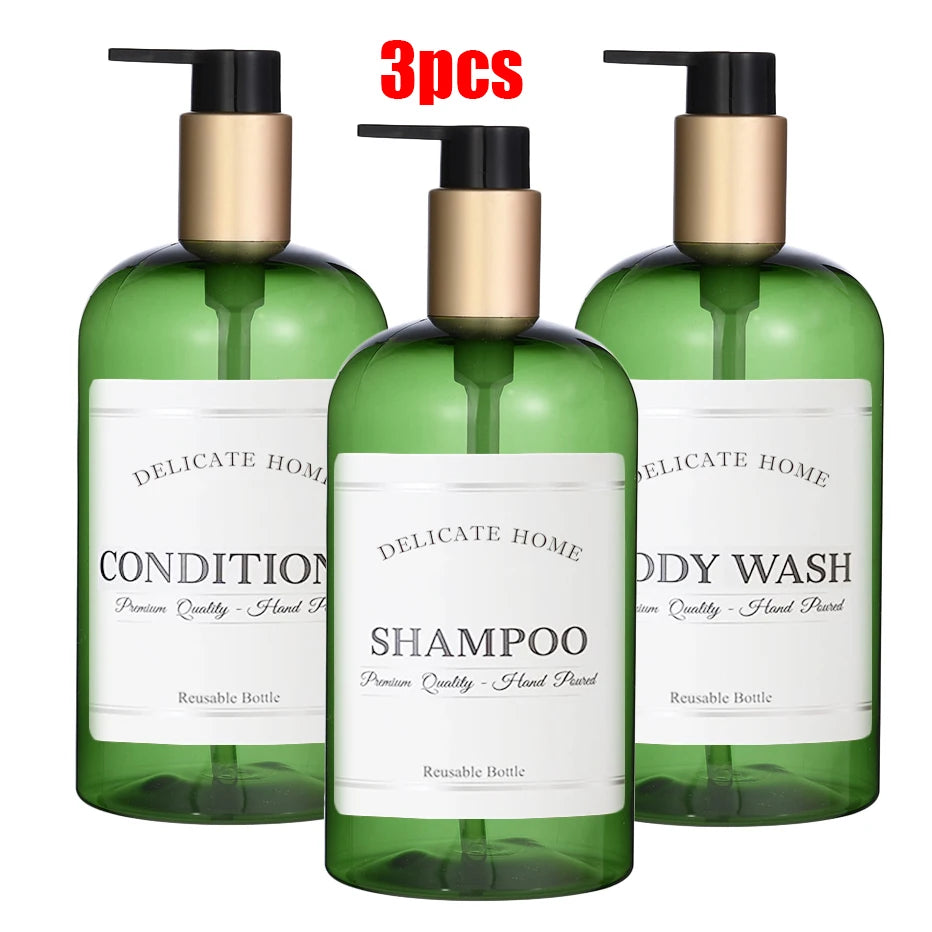 Refillable Shampoo and Conditioner Dispenser Shampoo Bottles with Pump Waterproof Labels Chic Shower Soap Dispenser Peaceful Pleasures Health and Wellness 3pcs green bottle