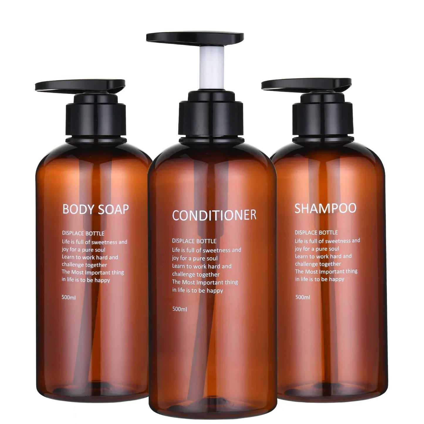 Shampoo Conditioner Body Wash Dispenser Set, Printed Letters Bathroom Soap Bottle Dispenser, Shower Pump Shampoo Dispenser Peaceful Pleasures Health and Wellness brown 300ml