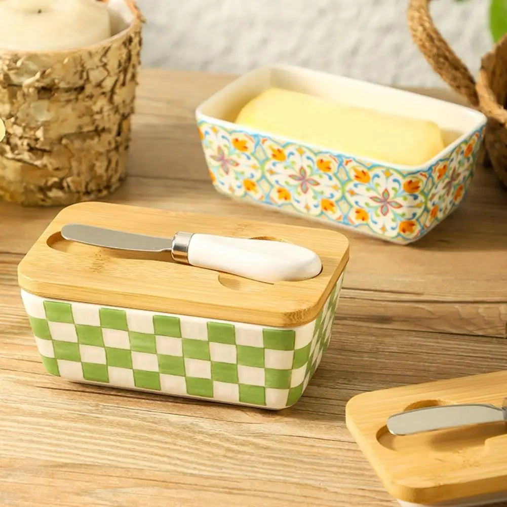 Farmhouse Ceramic Butter Dish with Lid & Knife Set