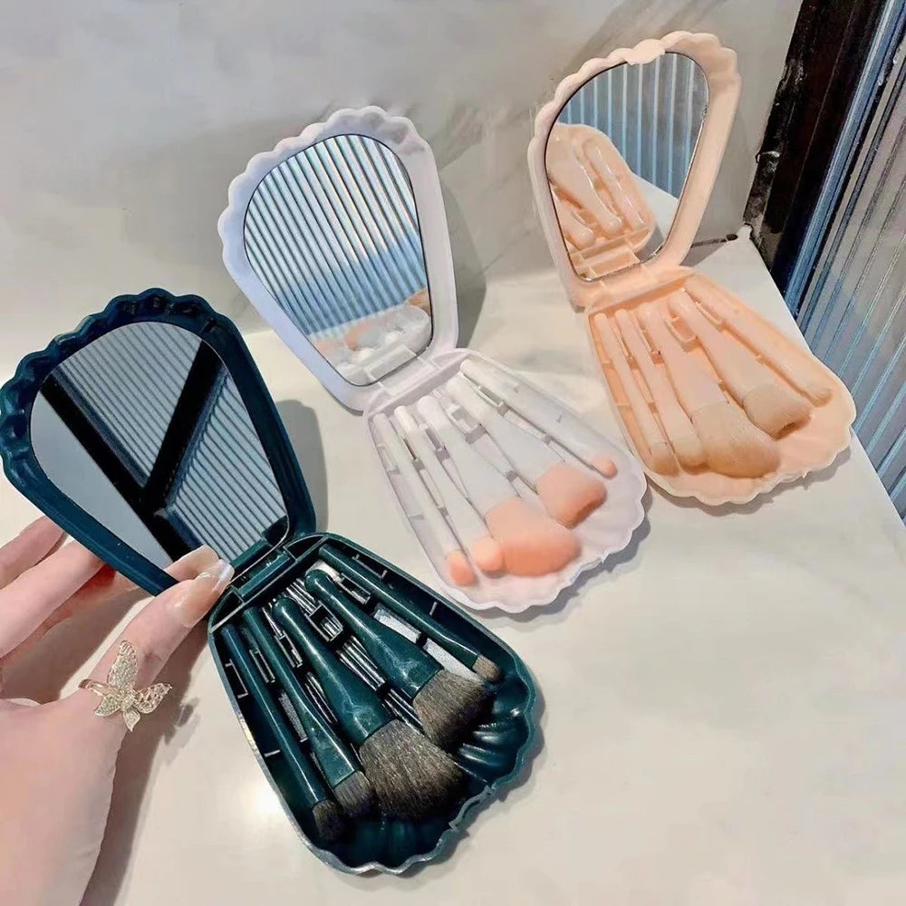 5Pcs Shell Makeup Brush Set with Mirror, Portable Travel Cosmetic Brushes, Powder Blush Eyeshadow Makeup Brushes Kit, Full Beaut Peaceful Pleasures Health and Wellness