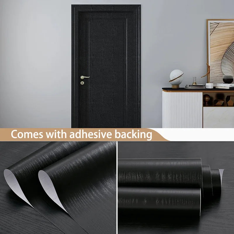 45cm Black Wood Grain Peel & Stick PVC Wallpaper | Waterproof