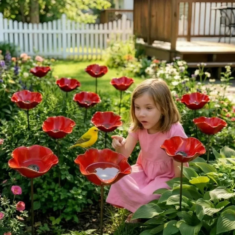 Handcrafted Metal Flower Garden Stake & Bird Bath | UV Resistant