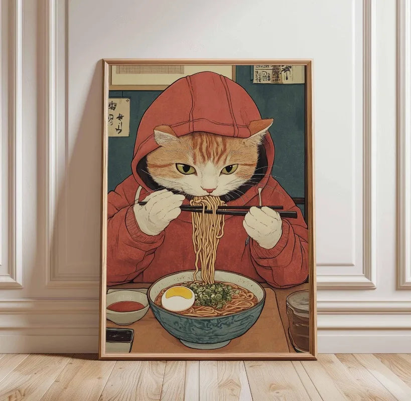 Black Cat Ramen Japanese Food Noodle Ginger Cat Poster Print Wall Art Pictures Canvas Painting Living Room Home Wall Decoration Peaceful Pleasures Health and Wellness TL2895 20x30cm Unframed