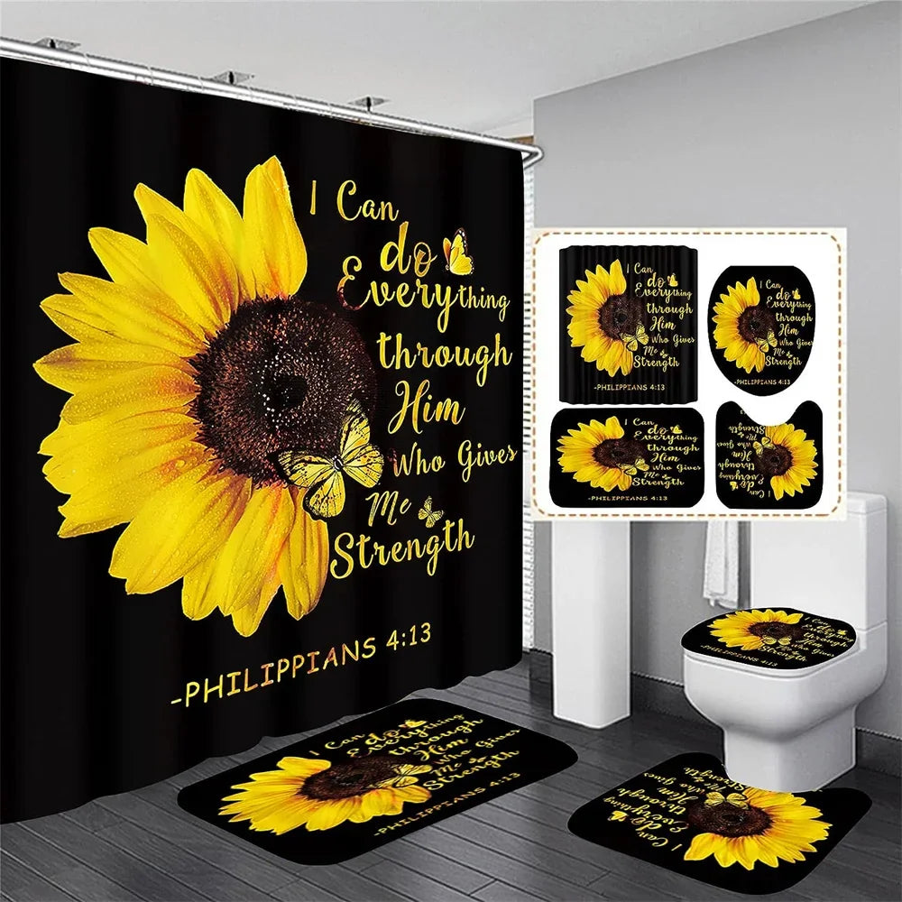 4pcs Set Doormat Shower Curtain with Non-Slip Rugs Toilet Seat Cover Bath Carpet Durable Waterproof Bathroom Home Entrance Decor Peaceful Pleasures Health and Wellness B