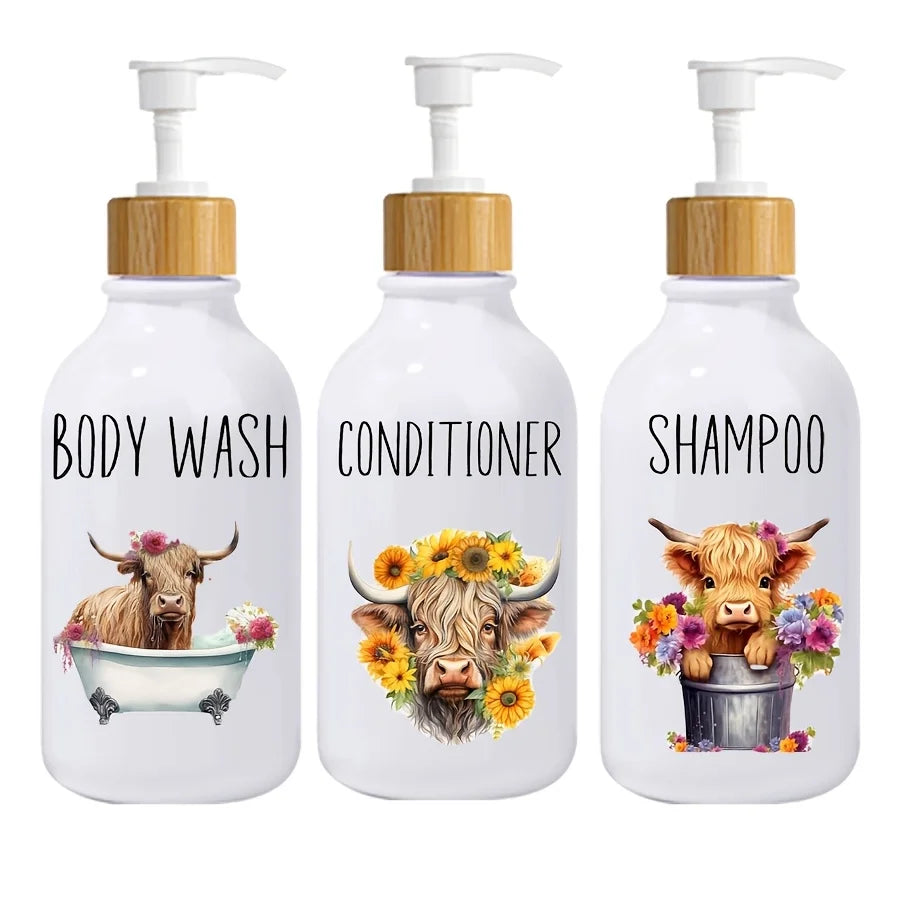 Highland Cow Sunflower Soap Dispenser – 3 Piece Refillable Clear Pump Dispenser Set