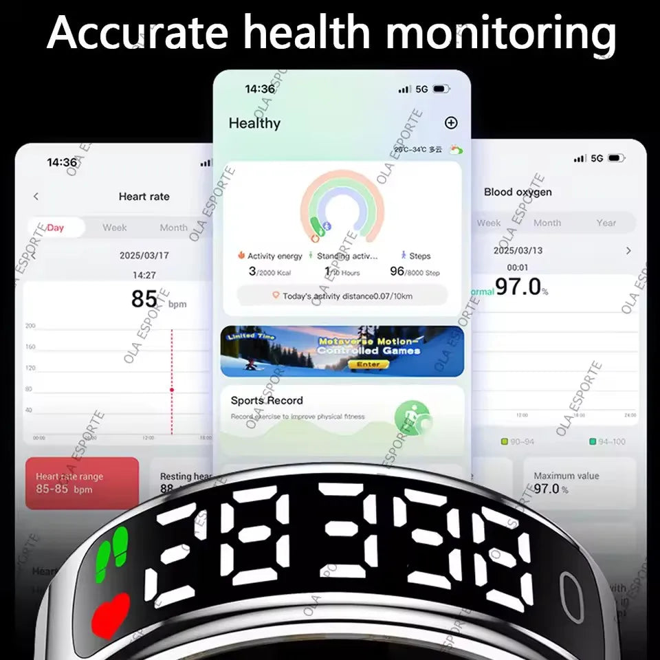 2026 Smart Ring Men Women LED Dynamic Display Screen Heart Rate Blood Oxygen Monitoring 5ATM Waterproof Multi Sports Modes Gifts Peaceful Pleasures Health and Wellness