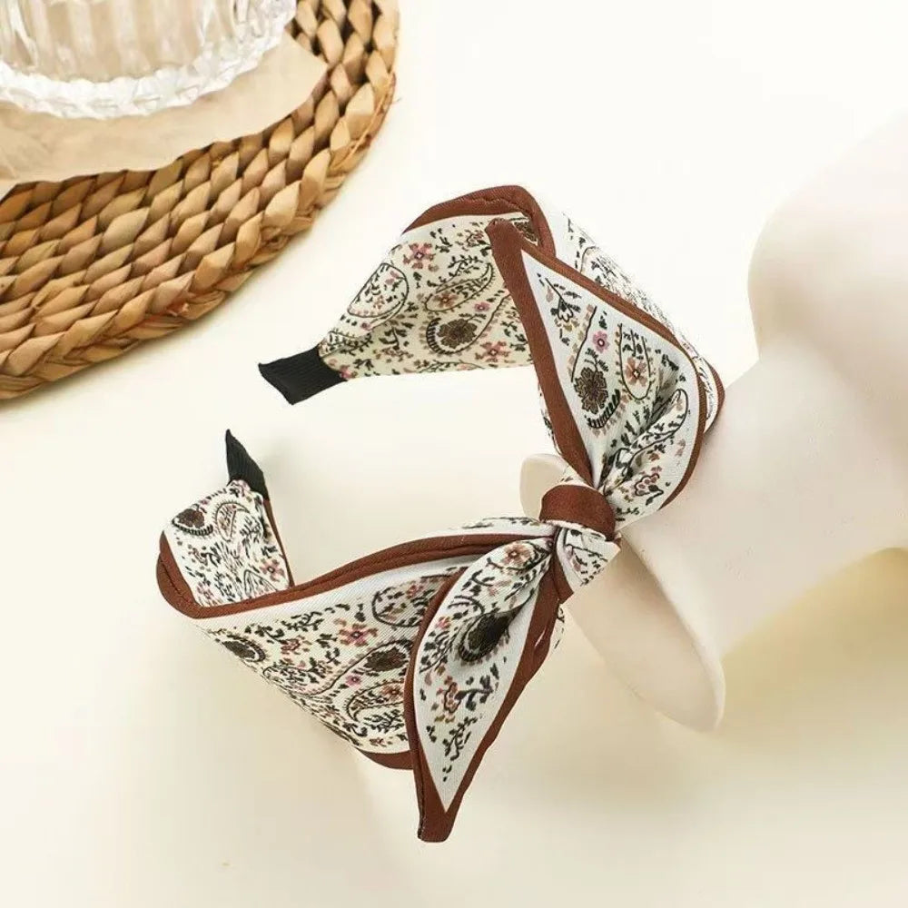 Wide Brim Bowknot Headband – Floral Paisley Elastic Hair Hoop