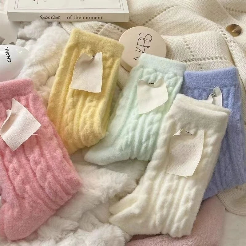 New Soft and Fluffy Fluffy Socks Autumn Winter Thicken and Thickened Macaron Color Mid Calf Sock for Cold Protection Solid Color Peaceful Pleasures Health and Wellness