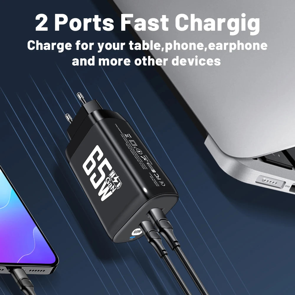 GaN 65W Fast Charger 2-Port PD QC3.0 USB Type C Wall Charger EU Plug Adapter for Laptop iPhone 15 Samsung Xiaomi Peaceful Pleasures Health and Wellness