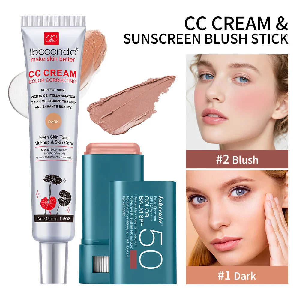 CC Cream & SPF 50 Blush Stick Set – Waterproof Korean Makeup