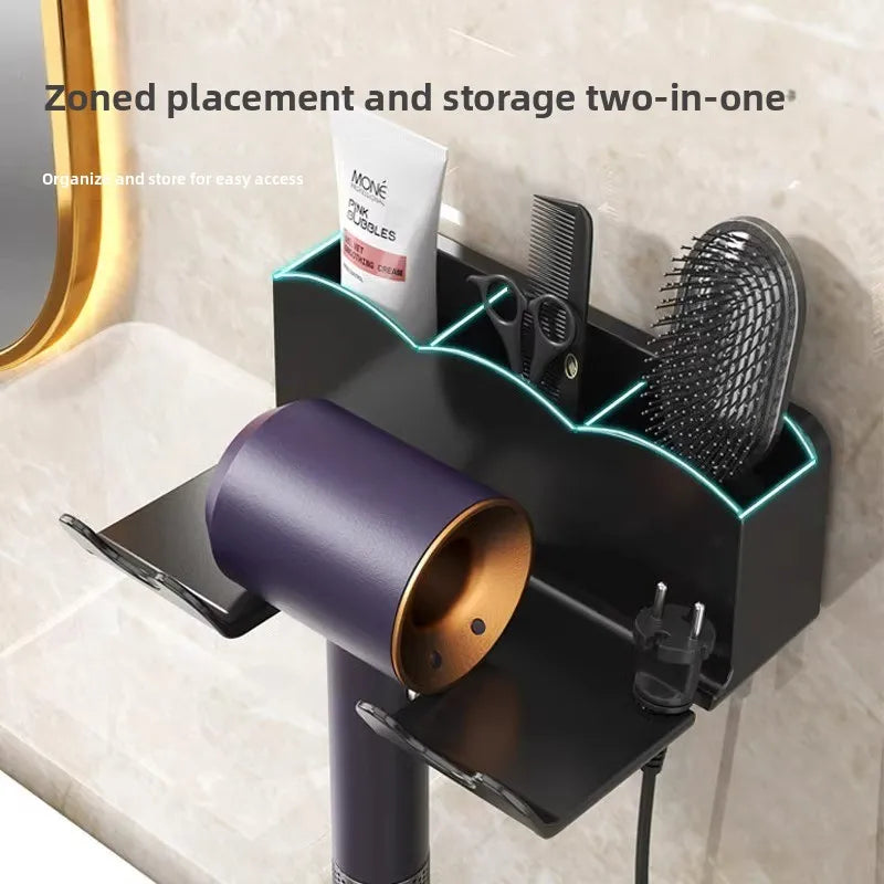 Wall Mounted Hair Dryer Holder – No-Drill 2-in-1 Storage Rack