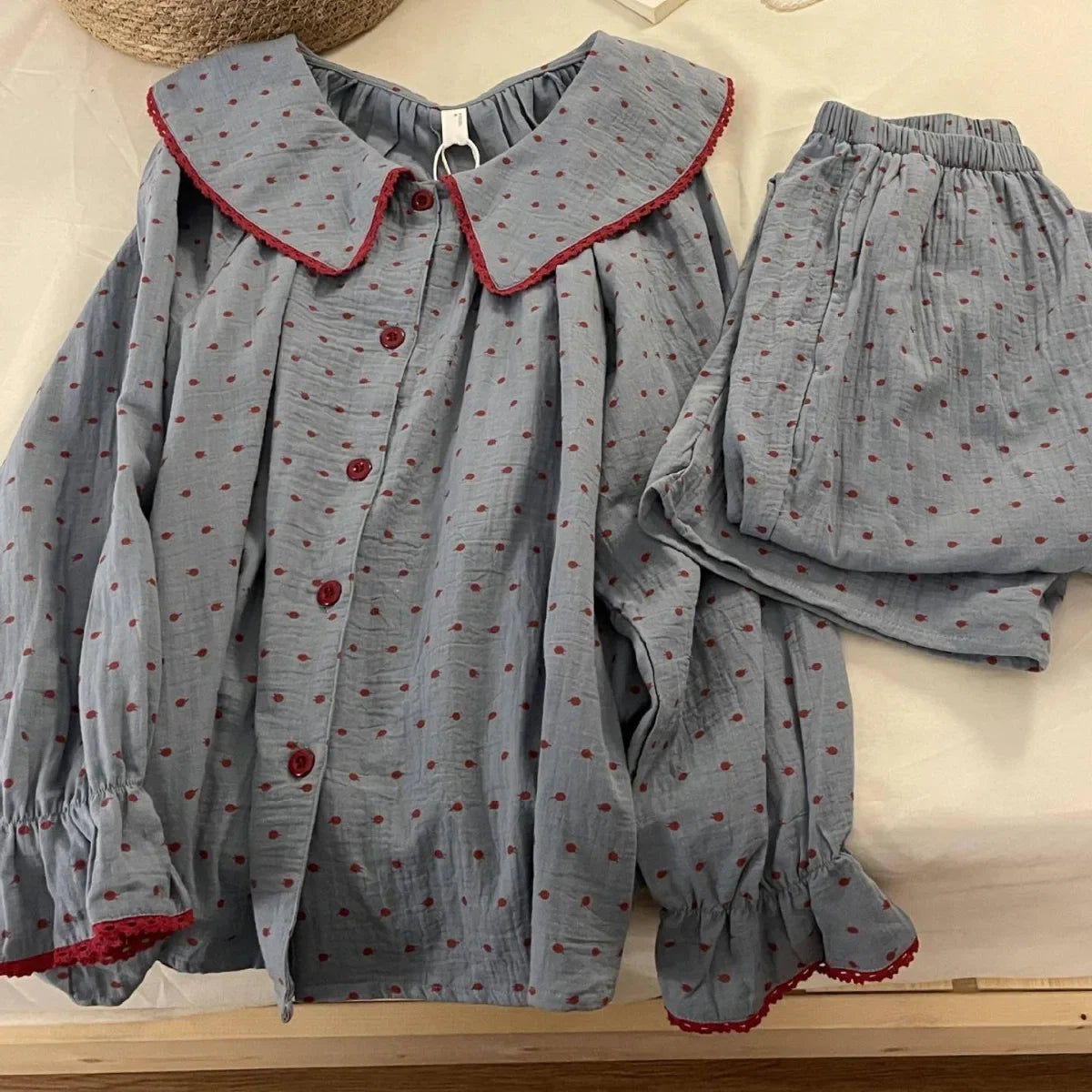 New Korean Style Cute Polka Dot Baby Doll Collar Pajamas Autumn Cloud Cotton Loose Long Sleeves Student Dormitory Home Wear Set Peaceful Pleasures Health and Wellness