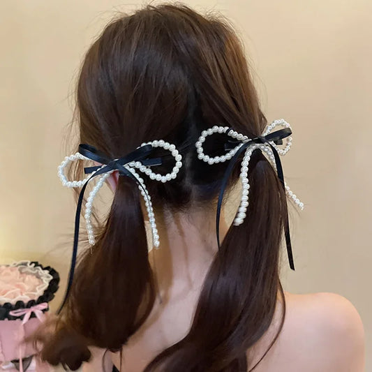Fairy Ribbon Bow Pearl Hairpin for The Back of The Head New Girlish Heart Side Clip New Simplicity Fresh and Sweet Duckbill Clip Peaceful Pleasures Health and Wellness