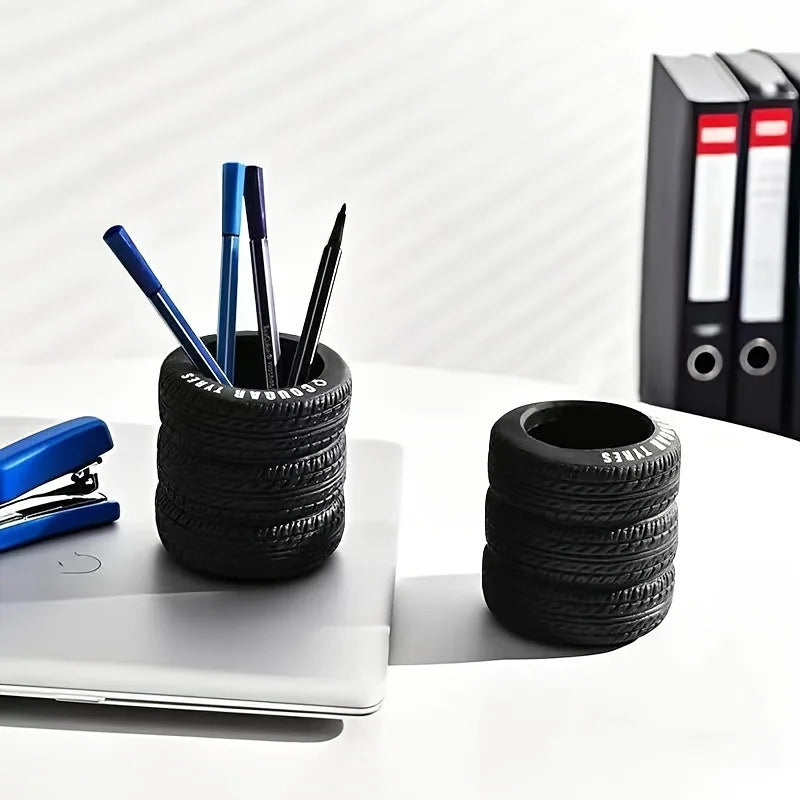 1-Pack Fun Tire-Shaped Pen Holder - Durable Black Pvc Desk Organizer with Letters, Suitable for School and Office, Great Holiday Gift, New Year Present Peaceful Pleasures Health and Wellness