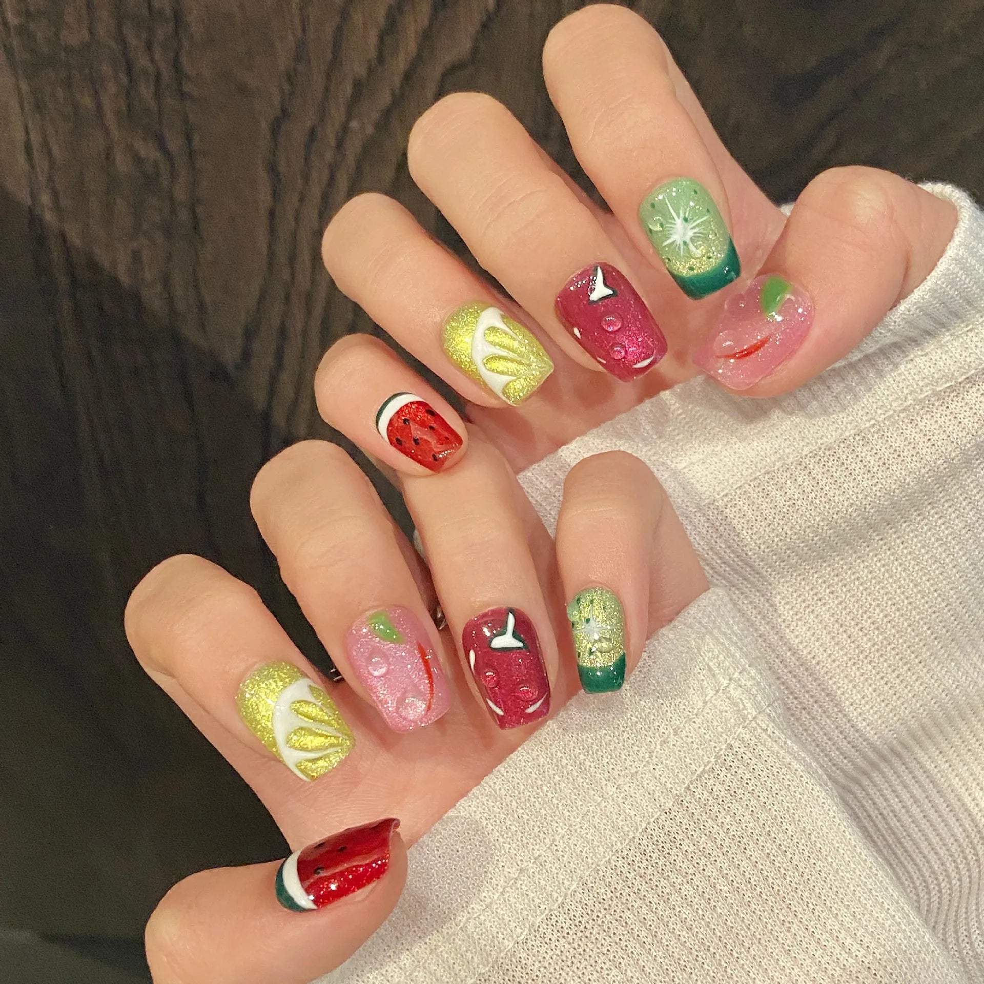 10pcs Handmade Fruit Press on Nails Summer Watermelon and Lemon Fake Nails Wearable Cat Eye Cute False Nail Tips for Girls Peaceful Pleasures Health and Wellness M