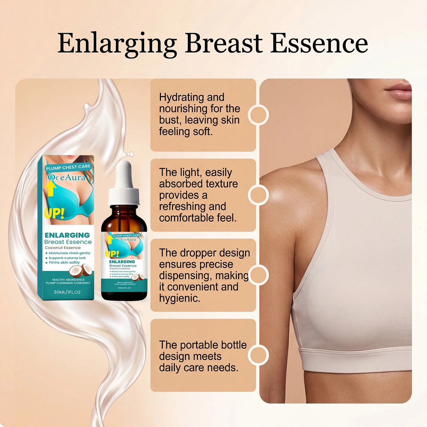 Coconut Essence Breast Plumping Oil Chest Lifting Firming Boobs Bigger Nourishing Enhance Elasticity Breast Tighten Massage Oil Peaceful Pleasures Health and Wellness