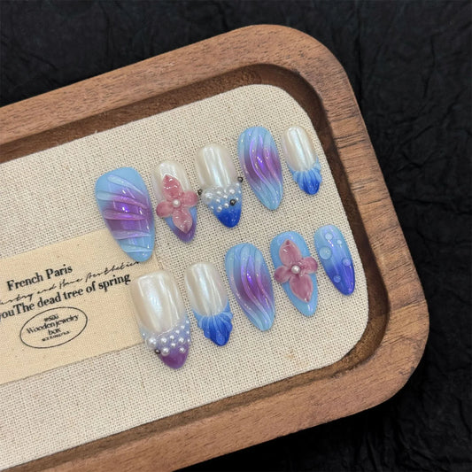 Aurora Press On Nails 3D Flower Glitter Pearl Almond Set 10pcs Press On Nails Peaceful Pleasures Health and Wellness S
