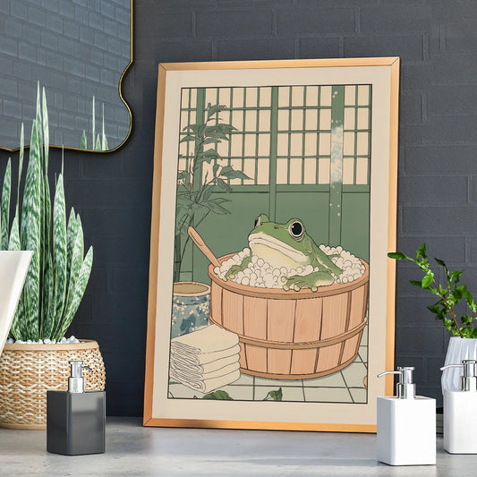 Japanese Frog in a Bathtub Vintage Canvas Wall Art | Unframed Canvas Wall Art Peaceful Pleasures Health and Wellness