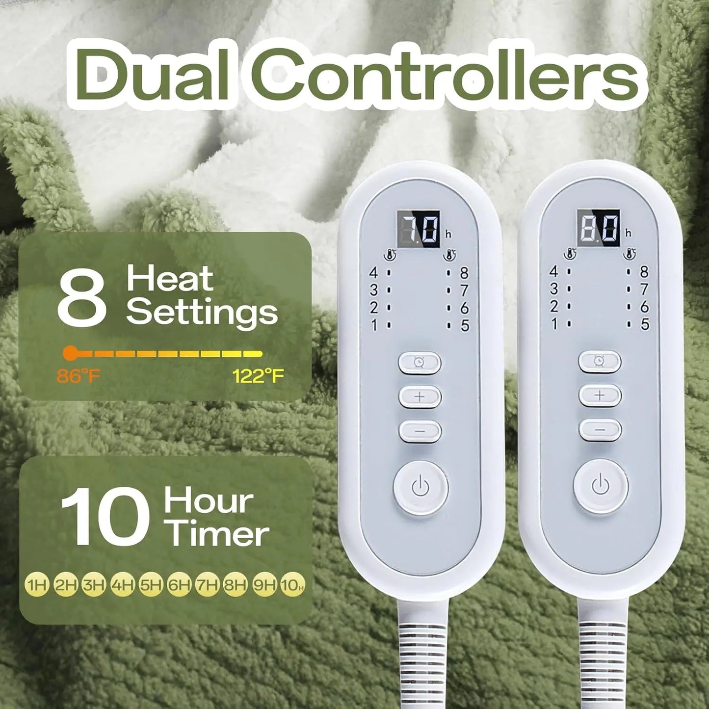 Queen Size Heated Electric Blanket, Sherpa, Dual Control, 8 Heat Levels, Auto-Off Electric Heated Blanket Peaceful Pleasures Health and Wellness