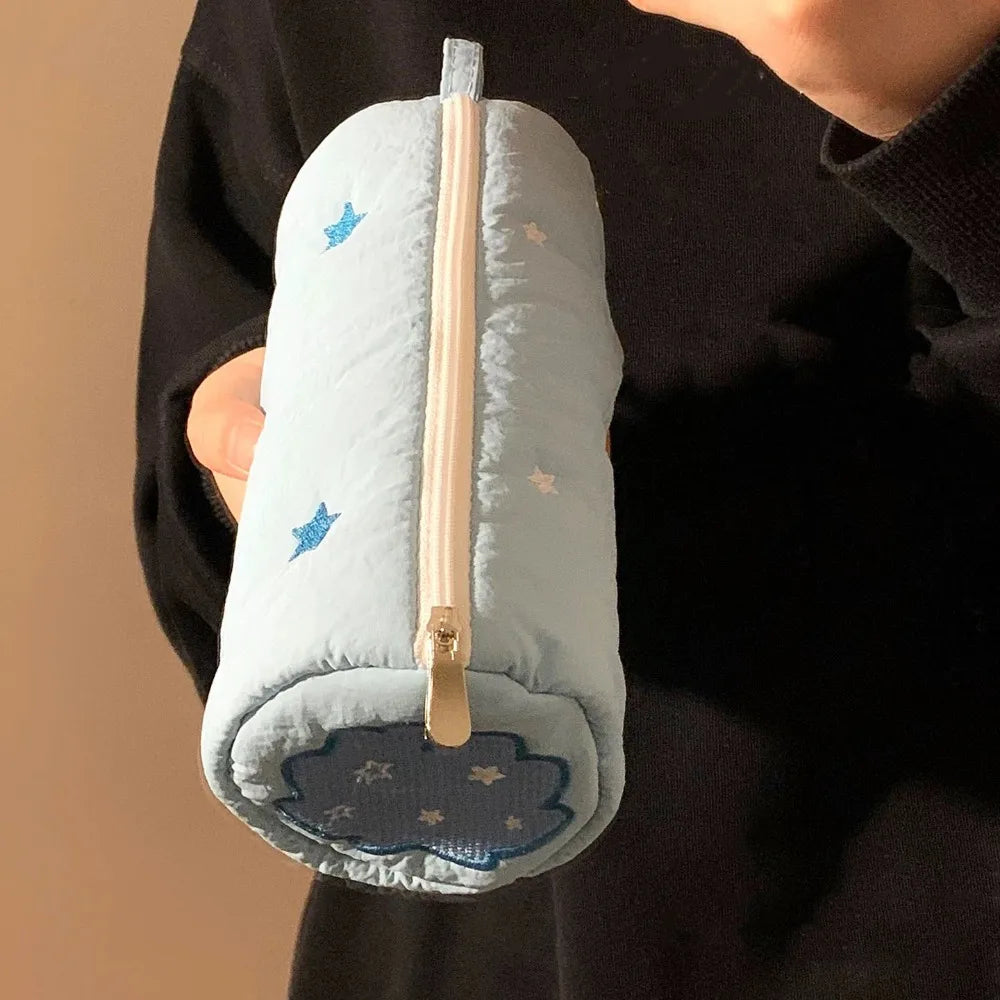 Embroidery Pencil Case Pouch Little Star Single Layer Makeup Lipstick Bag Stationery Holder Simple Pen Case School Office Supply Peaceful Pleasures Health and Wellness Blue