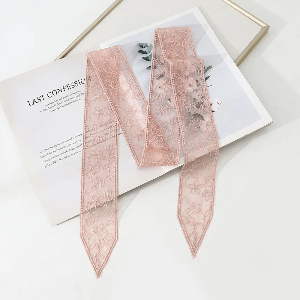 Women's Floral Embroidered Narrow Long Scarf Y2K Ribbon Headscarf