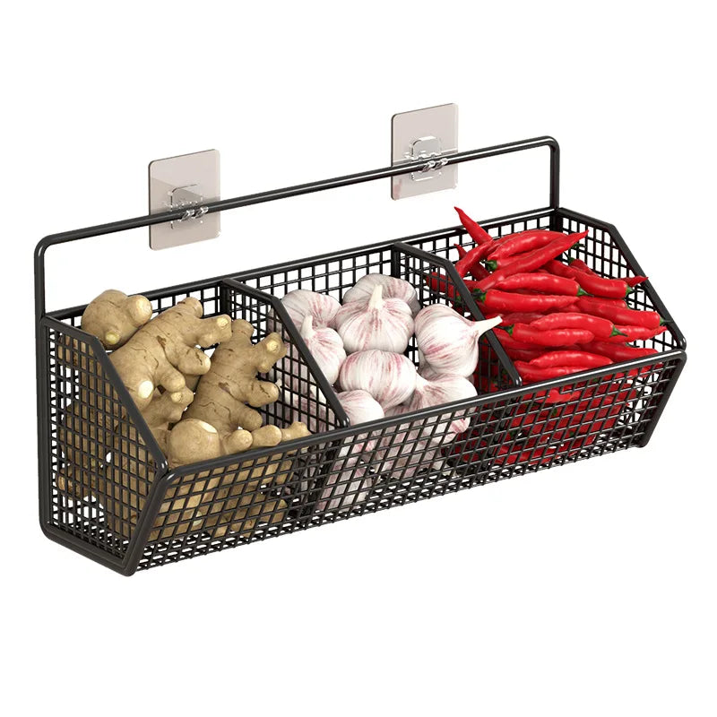 Space Saving No Drill Wall Mounted Organizer for Ginger Garlic Onion Storage Ideal for Kitchen Small Apartment Cooking Use Peaceful Pleasures Health and Wellness