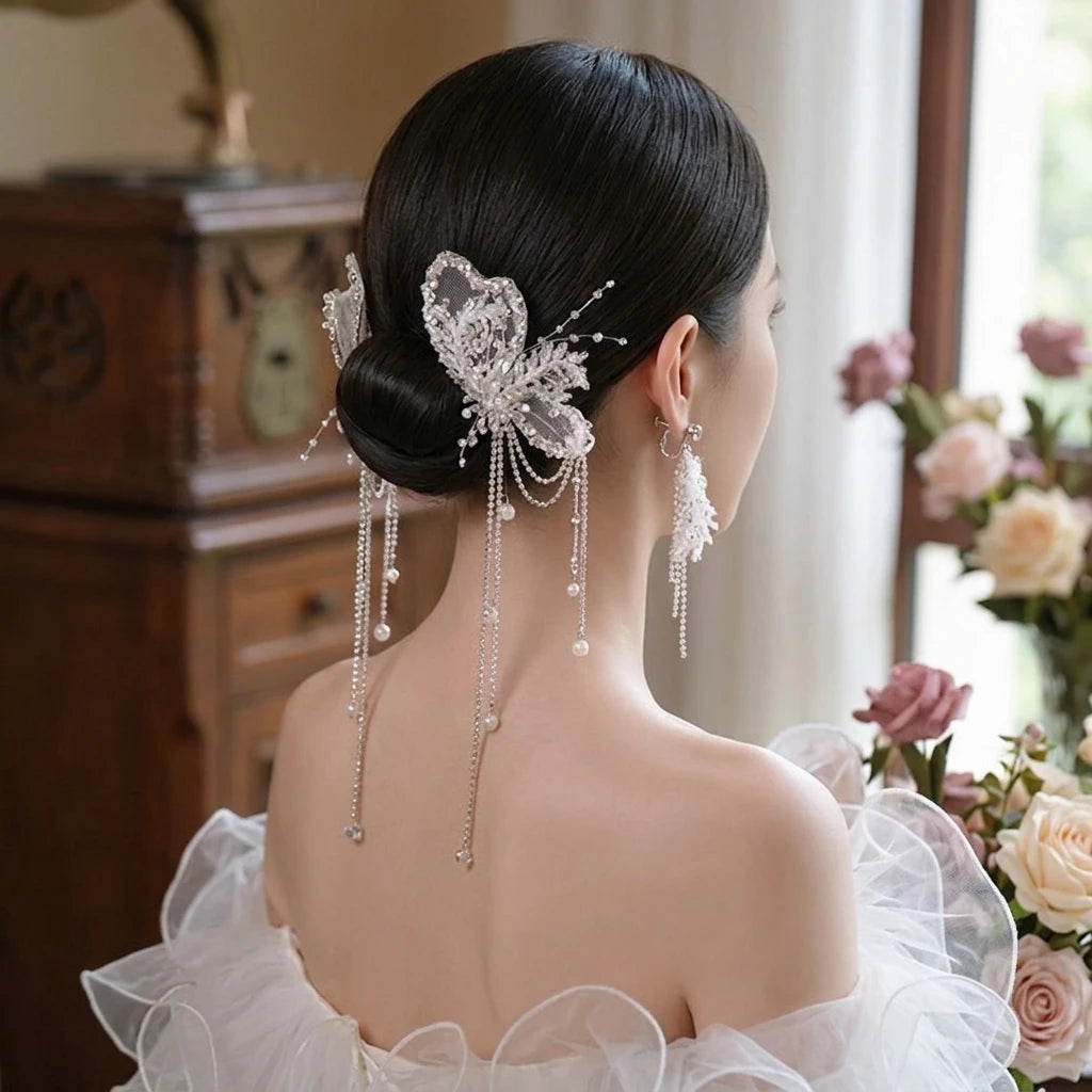 Korean Bridal Crystal Veil Bows Hair Clip With Tassels For Wedding Ceremony Peaceful Pleasures Health and Wellness