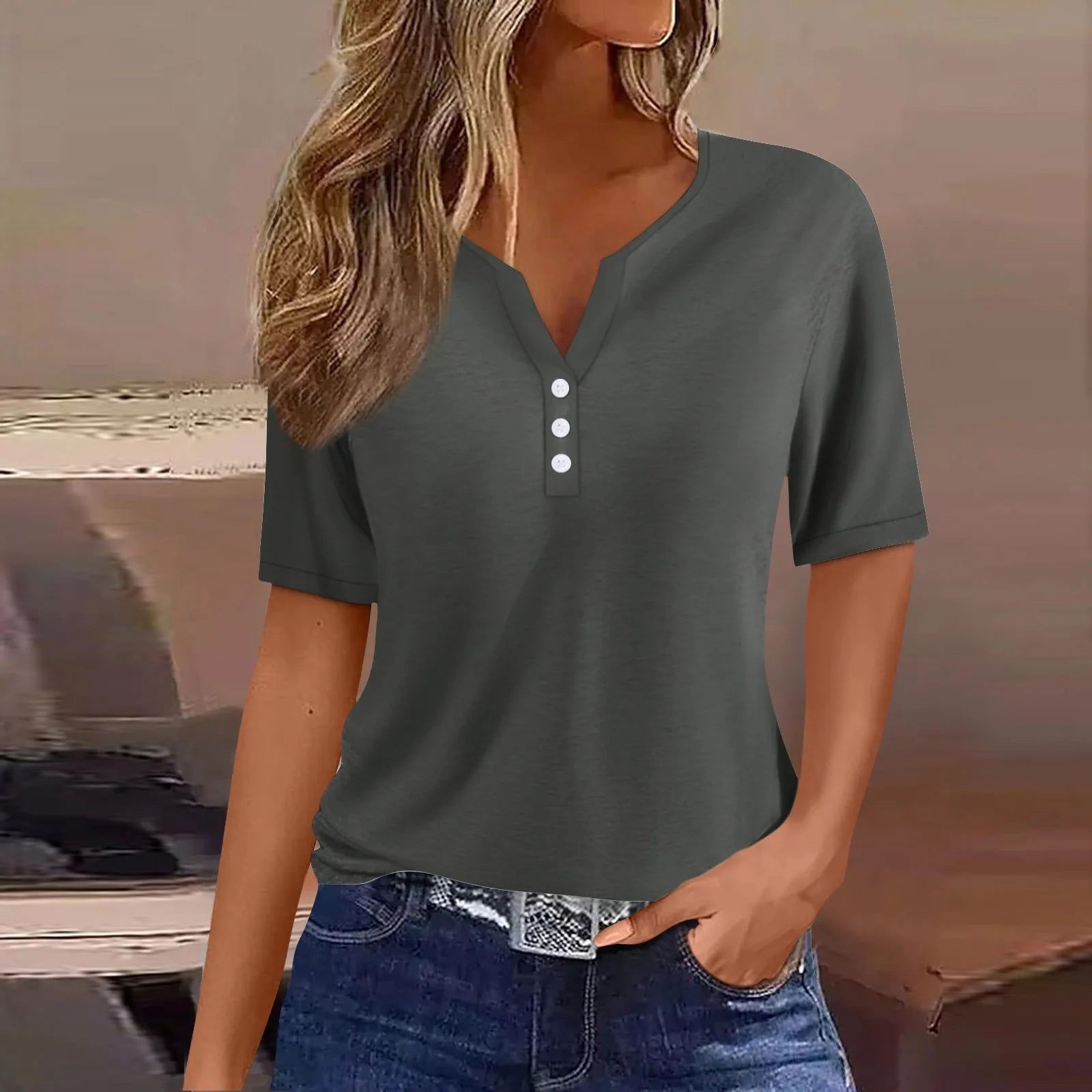 Women Summer Trendy Simple Casual Fashion Button T Shirt V Neck Short Sleeve Solid Loose Pullover Tops Plus Size Ropa De Mujer Peaceful Pleasures Health and Wellness Gray L